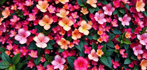 Obraz premium Dense blooming pastel flowers & geometric leaves in dark, vibrant hues Plenty of negative space, trendy, copy space