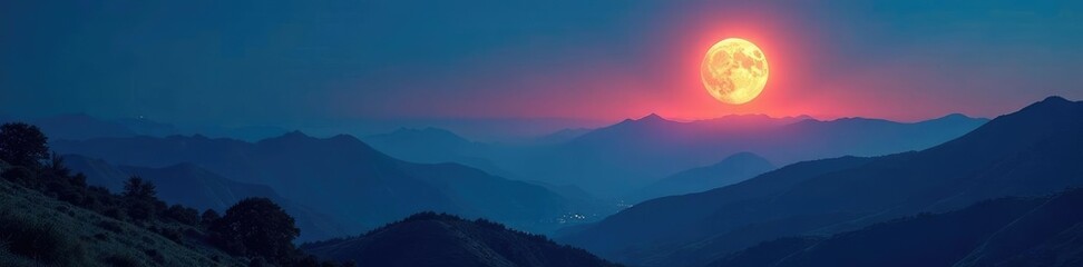 Full moon shining above rolling hills and mountains, sky, terrain, scenery