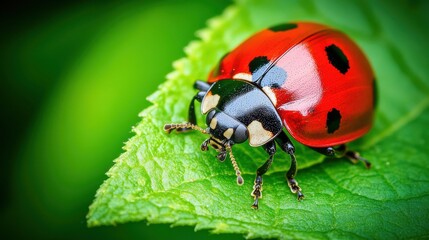 Naklejka premium Close-Up of a Vibrant Ladybug Resting on a Green Leaf in Nature, Highlighting Its Glossy Red Shell and Distinctive Black Spots for Insect Photography