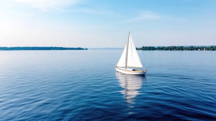 Obraz premium Tranquil sailboat on a serene lake. A small sailboat glides across calm water, with a pristine white sail catching the light. 