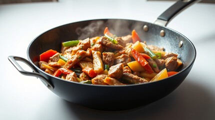 Asian noodle dish served in a black bowl with vegetables and sauce, traditional fusion cuisine with vibrant colors