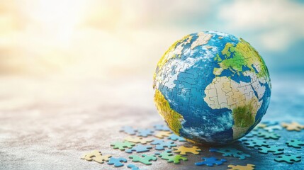 Earth globe made of puzzle pieces symbolizes unity and connection among nations, highlighting diversity and the importance of global collaboration in solving issues.
