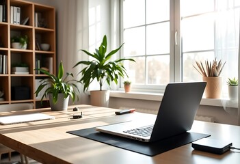 Fototapeta premium A laptop sits on a wooden desk in a cozy home office, bathed in beautiful natural light from a large window, creating an inspiring and modern workspace.