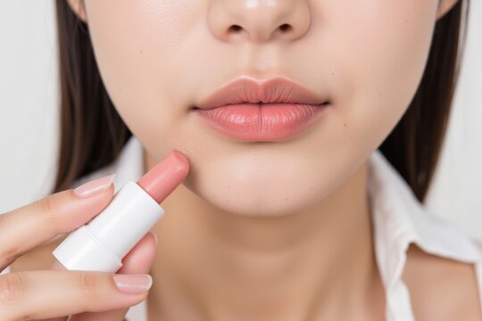 Close-up of a young Asian woman applying nude lipstick to her lips, showcasing a natural beauty look with a soft and elegant appearance in a minimalistic setting.