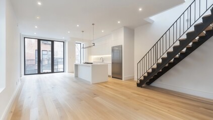 Fototapeta premium Modern Interior Design Featuring Kitchen Space And Staircase