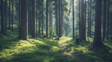 Obraz premium Tranquil Forest Pathway Through Tall Trees Surrounded by Lush Greenery and Soft Illumination in a Serene Natural Landscape