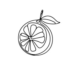 Clean black line drawing of a whole lemon with inner segments and a leaf, isolated