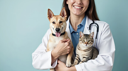 Smiling veterinarian with dog and cat in her arms