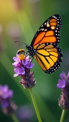 Fototapeta premium Majestic monarch sipping pollen from lavender, insects, pollination