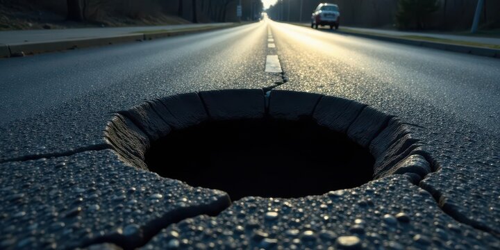 A dangerous pothole on a roadway at sunrise, a significant hazard for drivers and a stark reminder of the need for proper road maintenance