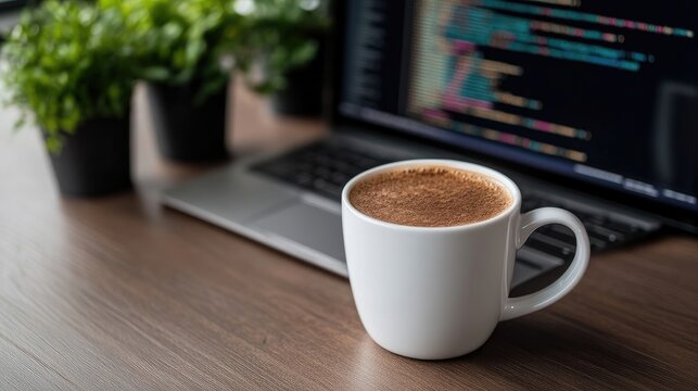 A cup of coffee sits on a desk beside a laptop displaying code