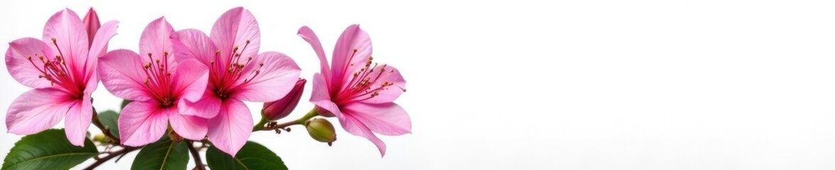 Majestic pink azalea blooms against a stark white background, botanical, floral arrangement