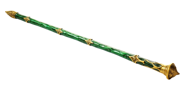 A green and gold decorative staff on a black background