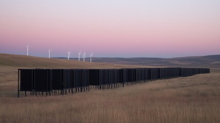 Serene landscape at sunset featuring a row of black structures against a backdrop of wind turbines and rolling hills.  A peaceful, evocative image.