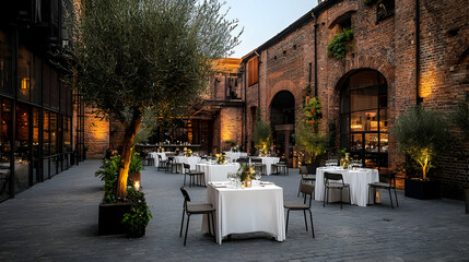 Obraz premium Elegant Outdoor Dining Area Under String Lights