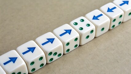 White dice line with blue arrows showing direction and green dots