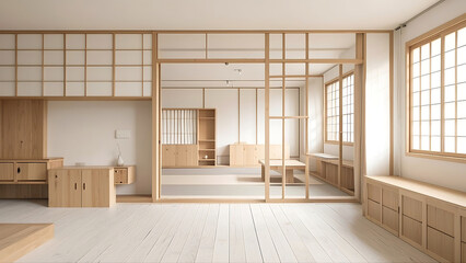 Traditional Japanese - style room with wooden partitions, tatami area, and minimalist wooden furniture.