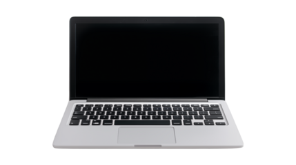 Silver laptop with black screen and keyboard on white background