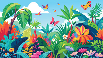 Vibrant Tropical Paradise Lush Green Foliage Butterflies Flowers Sunny Day