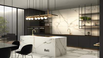 Modern kitchen interior featuring marble countertops and elegant fixtures details