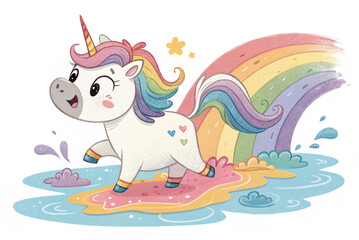 Cute Unicorn Playing With Rainbow Puddle Cartoon isolated on transparent background - generated by ai
