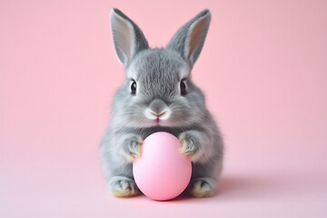 a cute gray bunny rabbit holding a pink easter egg with its paws, set against a soft pink background, conveying themes of easter, spring,
