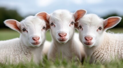Fototapeta premium Three adorable baby sheep resting together in a grassy field
