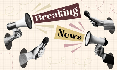 breaking news concept design with hands holding microphones megaphones isolated retro halftone dotted collage cut-out element for urgency communication media journalism announcement broadcasting