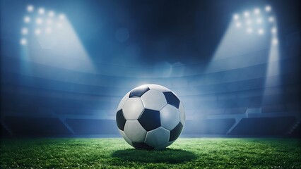 Naklejka premium Soccer ball under stadium lights ready for kickoff dramatic night