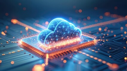 Obraz premium Glowing Cloud Computing Symbol With Circuit Board Pattern, Representing Technology, Data Storage, And Digital Transformation In A Futuristic Cyber Network.