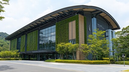Obraz premium Modern green building with vertical garden, showcasing sustainable architecture. Ideal for eco-friendly design, corporate, and travel publications.