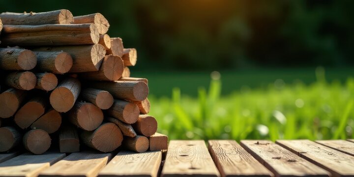 Rustic Wooden Logs Stacked on Weathered Planks Against a Vibrant Green Background