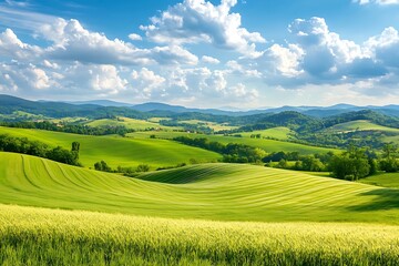Fototapeta premium Vibrant Green Wheat Field with Rolling Hills Landscape Under a Cloudy Sky