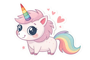 Fototapeta premium Cute unicorn with rainbow horn sticker isolated on transparent background - generated by ai