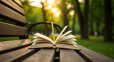 Open Book Pages In Park With Blurred Green Trees Golden Sunlight Background