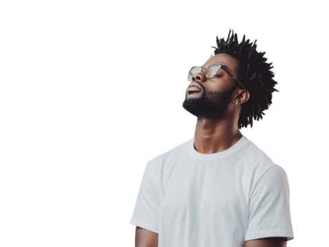 Relaxed Man in White T-Shirt Looking Upward with Closed Eyes Against Minimalist Background