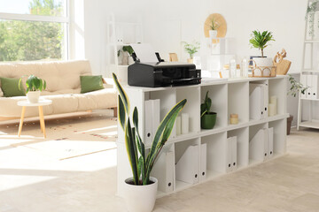 Shelf unit with printer, folders and plants in light office