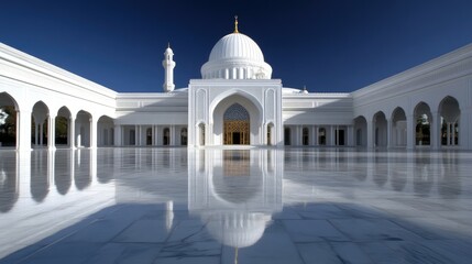 Majestic white mosque, courtyard reflection