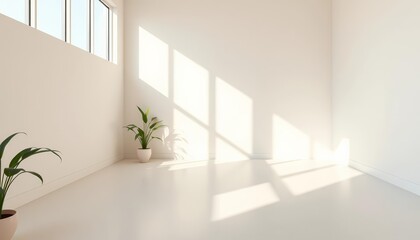 Fototapeta premium Empty sunlit room, plants cast shadows, minimalist product background, display, bright