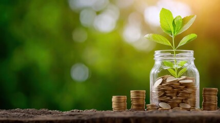 An image depicting the concept of growing financial savings and investment while promoting sustainable development and environmental preservation through the representation of a small plant sprouting