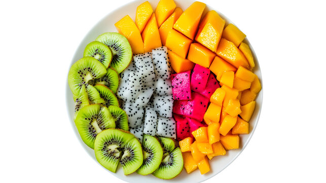 A vibrant plate of assorted tropical fruits featuring slices and cubes of juicy colorful sele