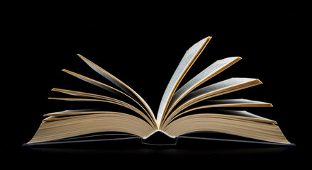 Open Book with Pages Spread Against Black Background Minimal Literary Concept