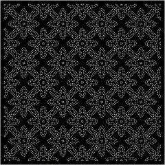 Black background with figures from dots. Black and white pattern for web page, textures, card, poster, fabric, textile. Repeating design.