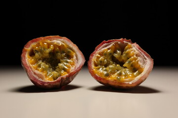 Close-up of two halves of fresh passion fruit on a neutral surface with dramatic lighting and black...