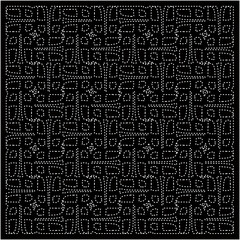 
Black background with figures from dots. Black and white pattern for web page, textures, card, poster, fabric, textile. Repeating design.