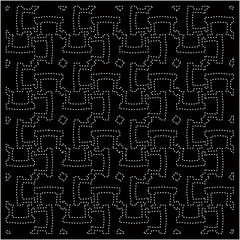 
Black background with figures from dots. Black and white pattern for web page, textures, card, poster, fabric, textile. Repeating design.