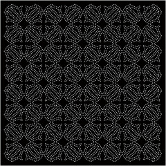 
Black background with figures from dots. Black and white pattern for web page, textures, card, poster, fabric, textile. Repeating design.