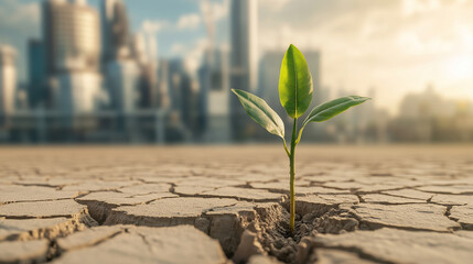 Resilient Sprout Emerging from Cracked Earth Against Urban Skyline