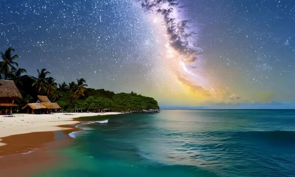 This serene night scene features a beach with a hut, palm trees, and reflections on the water under a starry sky. It evokes a sense of tranquility and tropical paradise.