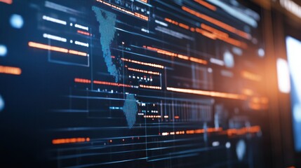 Abstract data display showing a digital world map and analytics.